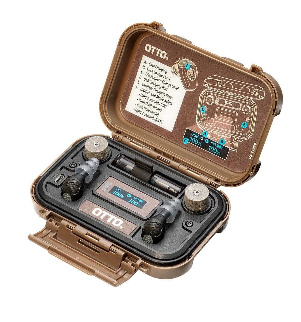 OTTO NoizeBarrier Micro earplugs with open charging case.