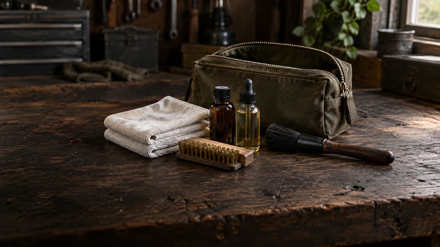 Illustrative brushes, cloths and care bottles beside a canvas pouch on a wooden workbench.