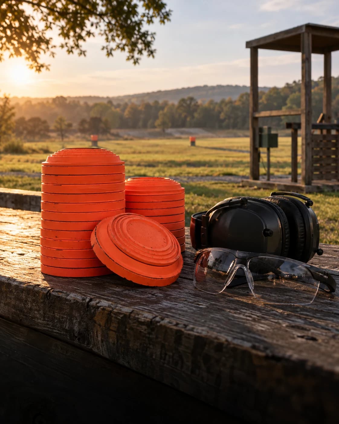 Illustrative clay targets and protective equipment at a sporting range.