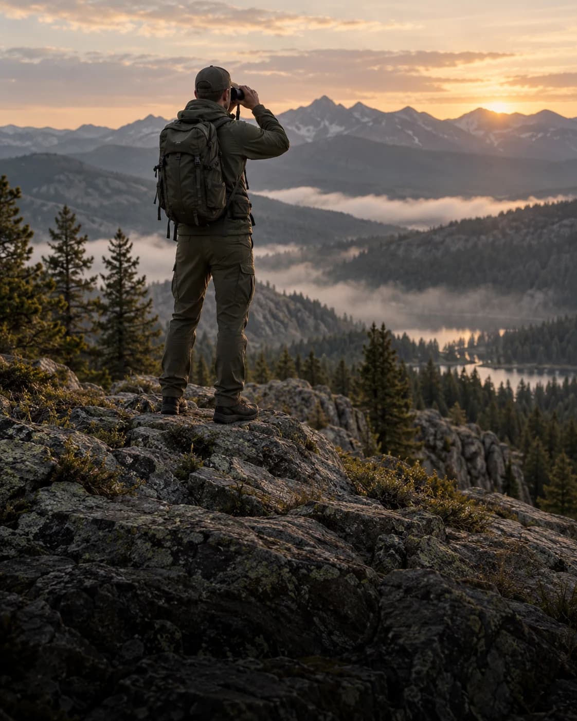 Illustrative outdoorsperson using binoculars in the mountains at dawn.