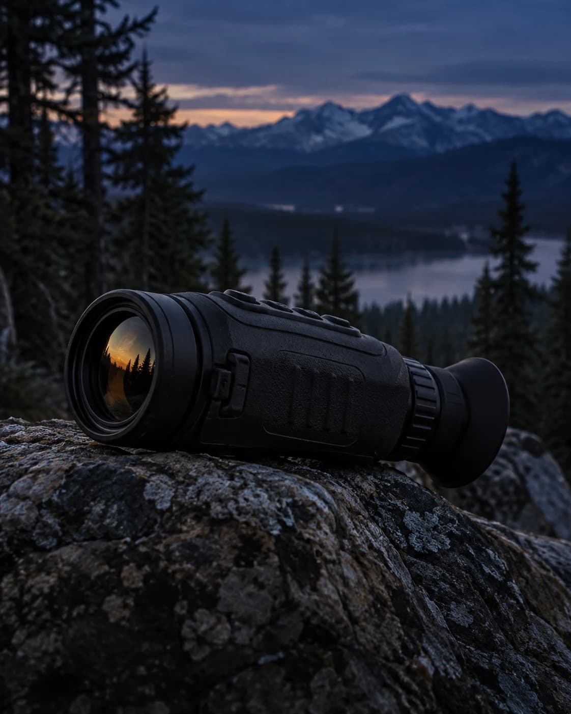Illustrative thermal observation monocular in a mountain forest at twilight.