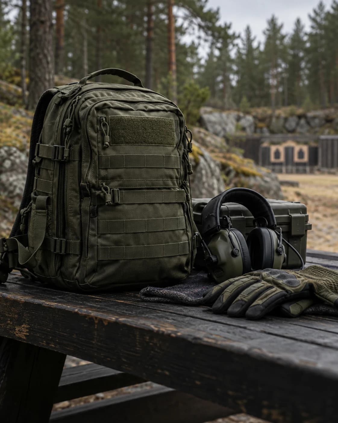Illustrative tactical daypack, gloves and ear protection at an outdoor training area.