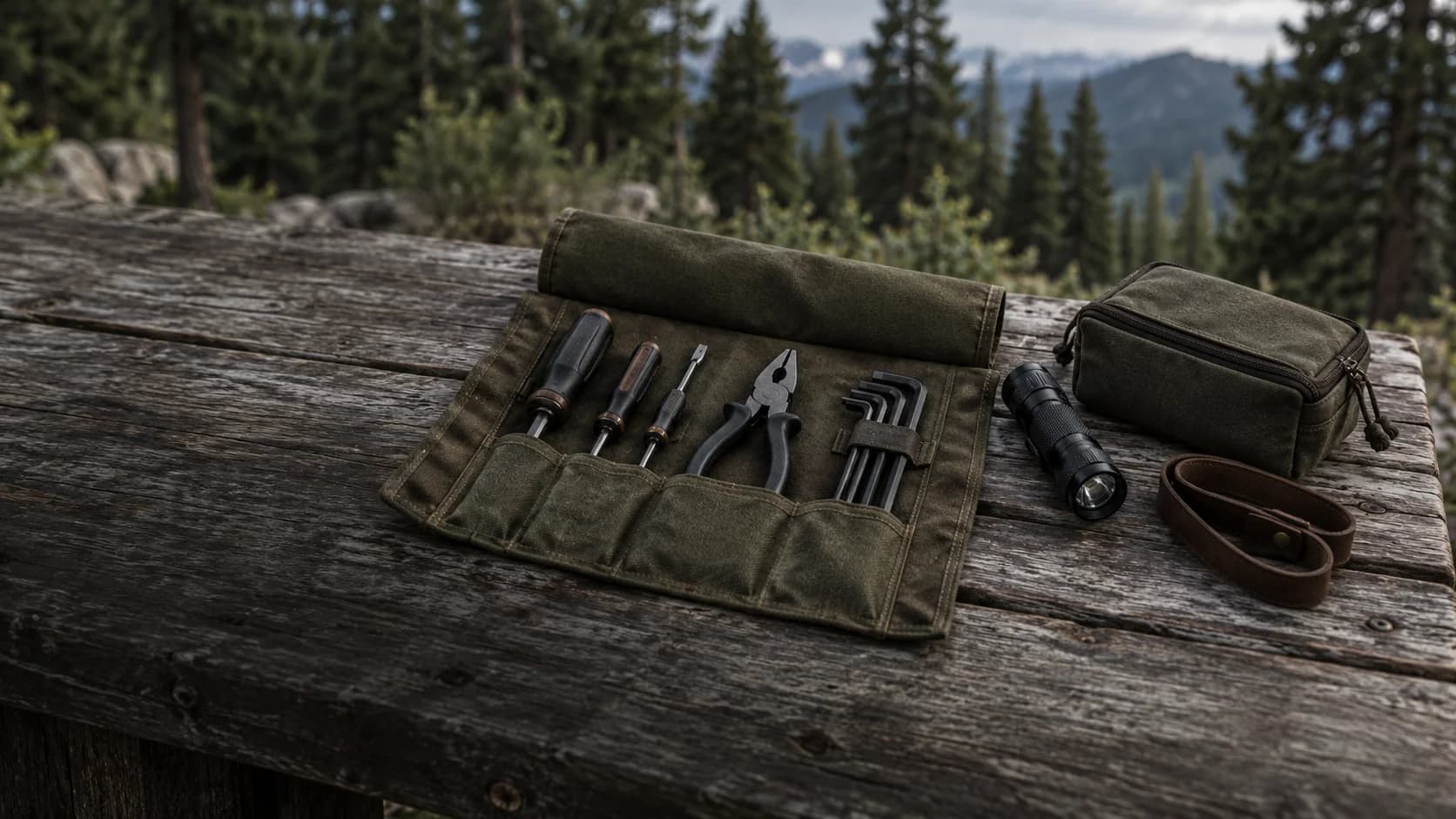 Illustrative canvas tool roll, flashlight and equipment pouch on an outdoor bench.